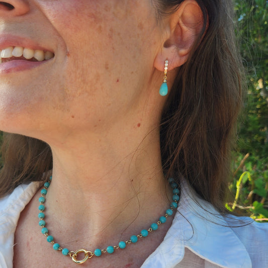 14 Karat Yellow Gold 6 Mm Amazonite Bead Link Chain Necklace With Opening Circle Bail Clasp, 18"