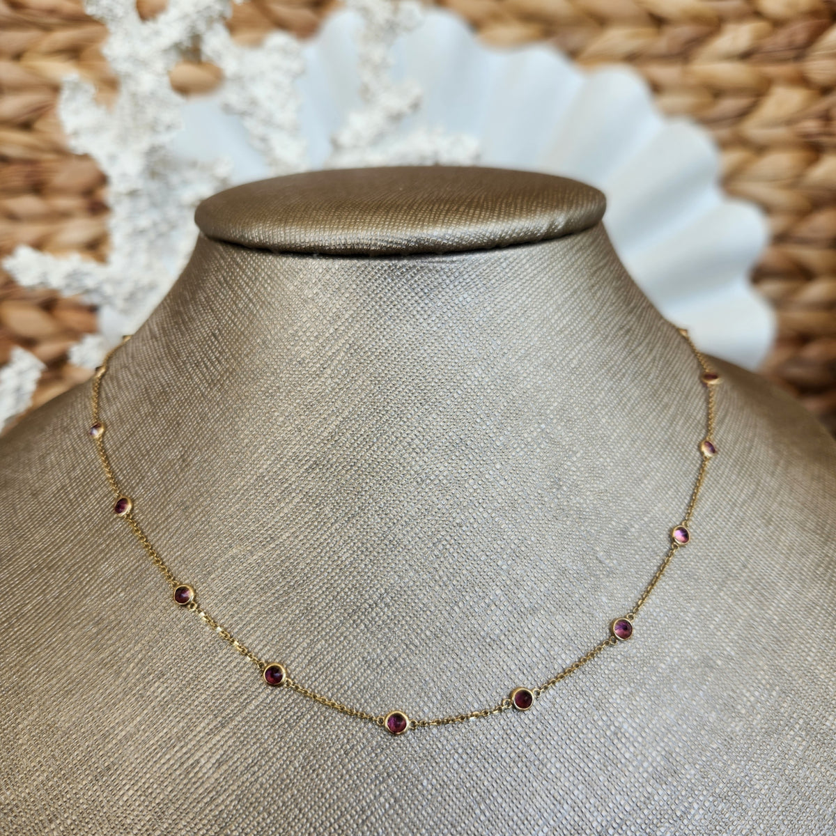 14 Karat Yellow Gold Bezel Set Pink Tourmaline "By The Yard" Style Necklace 16-18"