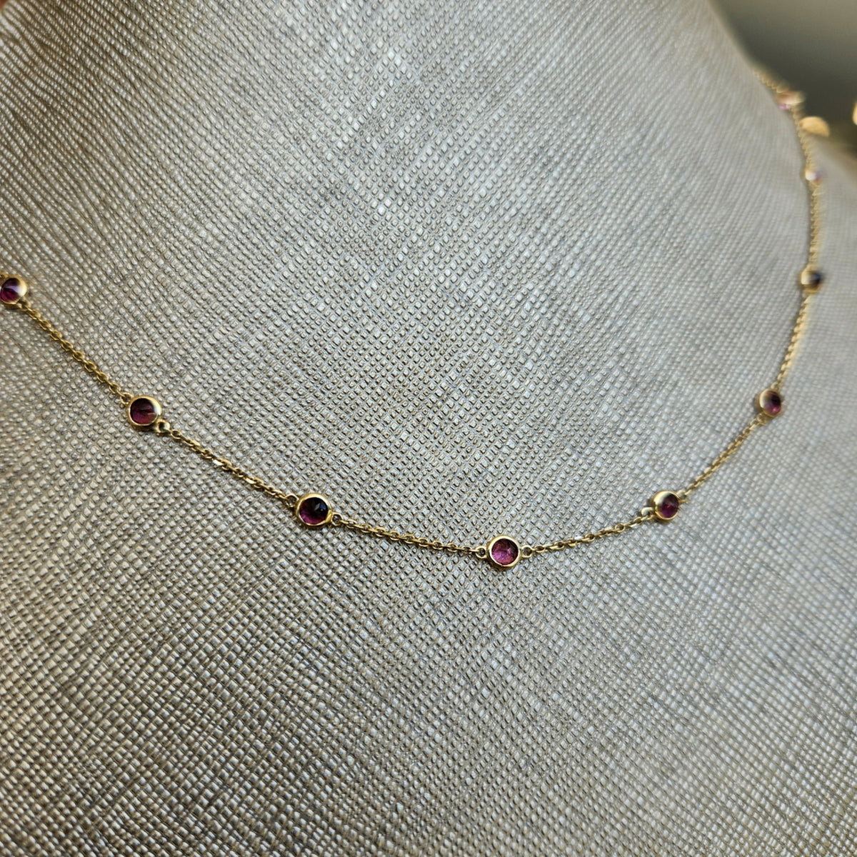 14 Karat Yellow Gold Bezel Set Pink Tourmaline "By The Yard" Style Necklace 16-18"