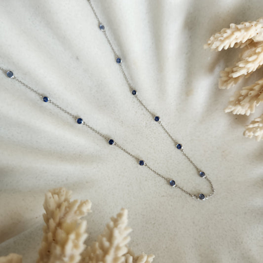 14 Karat White Gold Bezel Set Blue Sapphire "By The Yard" Style Necklace 16-18"