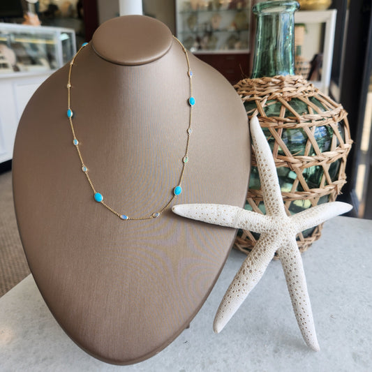 14K Yellow Gold Opal and Turquise Station Necklace (18 Inches)

Ston