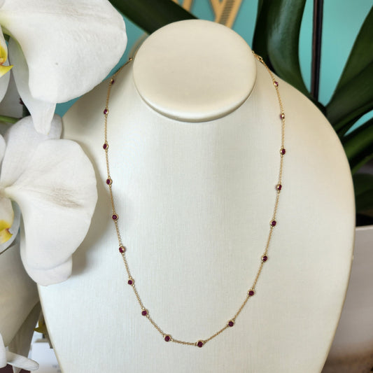 14 Karat Yellow Gold Bezel Set Ruby "By The Yard" Style Necklace 16-18