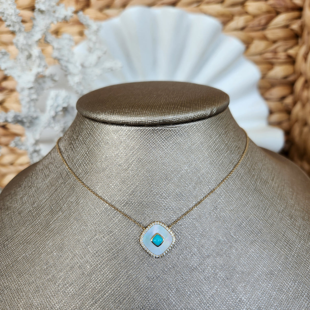 14 Karat Yellow Gold Cushion Shaped Mother Of Pearl, Turquoise & Diamond Necklace, 16-18"