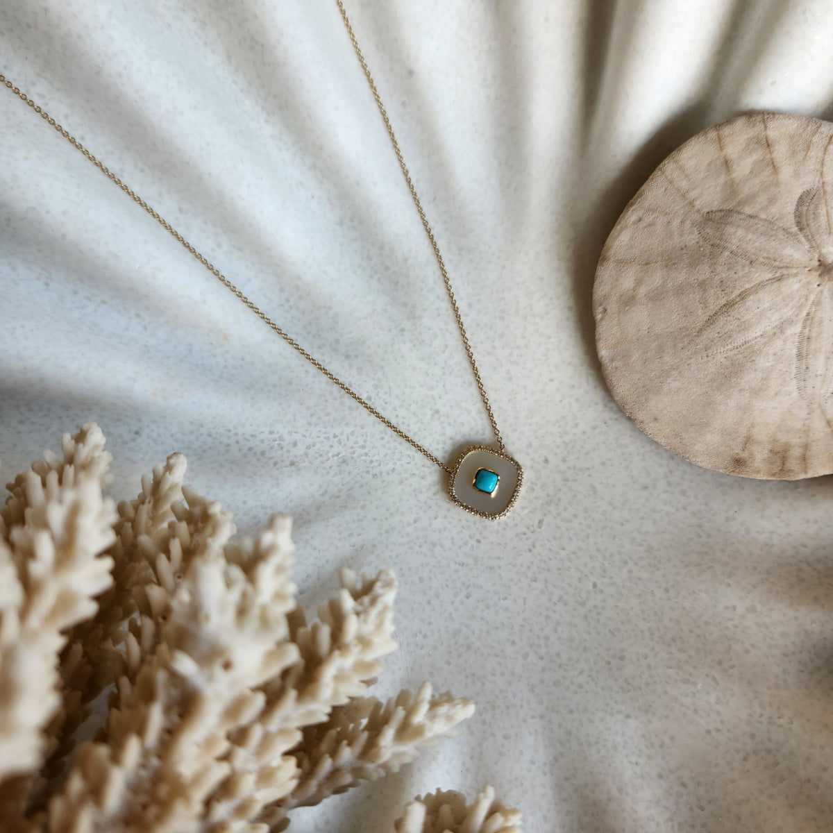 14 Karat Yellow Gold Cushion Shaped Mother Of Pearl, Turquoise & Diamond Necklace, 16-18"