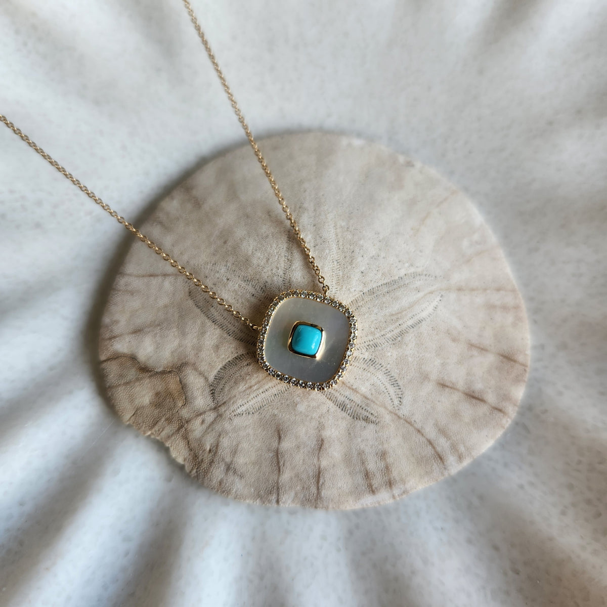14 Karat Yellow Gold Cushion Shaped Mother Of Pearl, Turquoise & Diamond Necklace, 16-18"