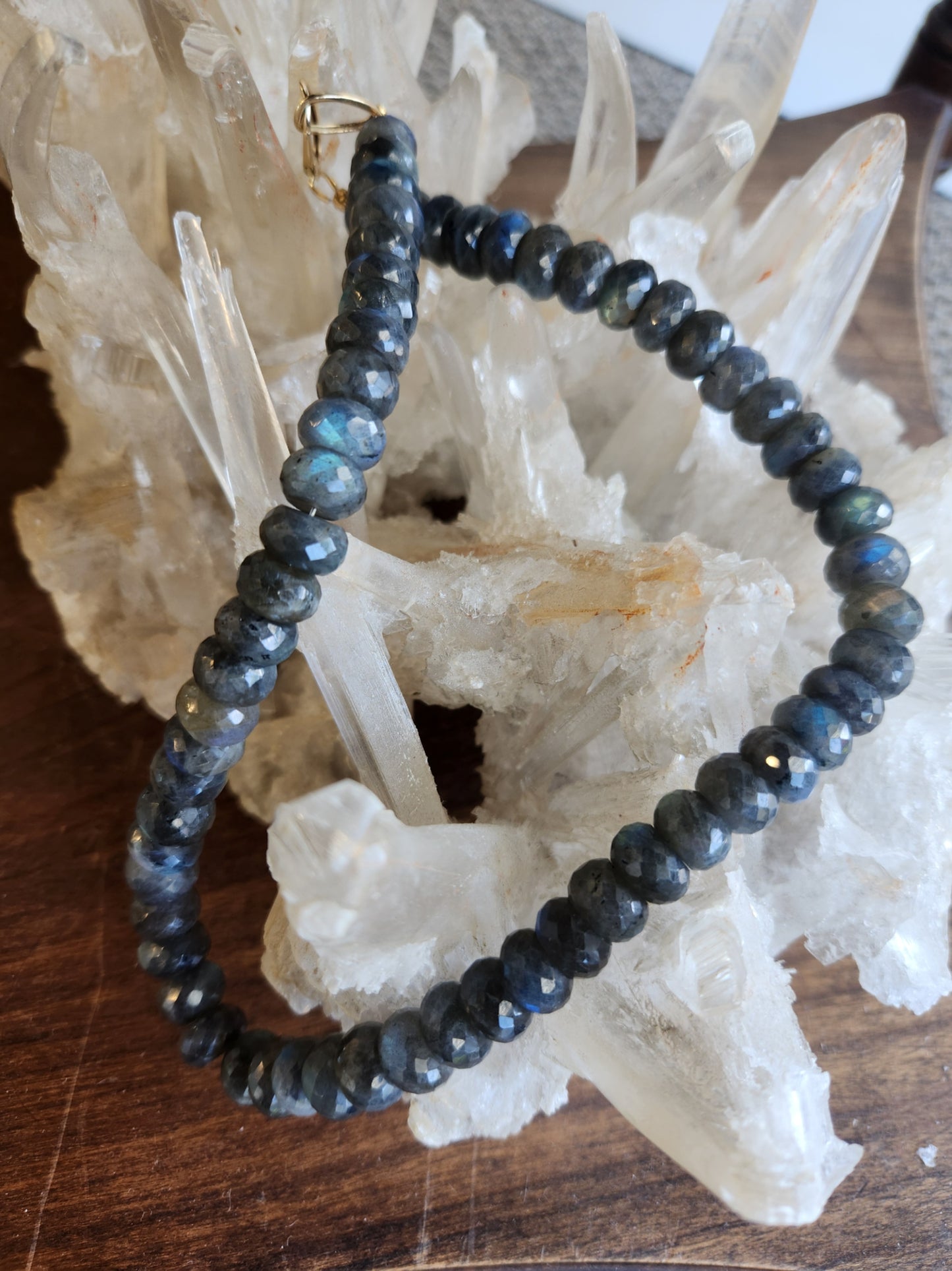 14 Karat Yellow Gold 10.5 Mm Faceted Roundel Labradorite Bead Strand Necklace With Oval Lobster Clasp, 18"