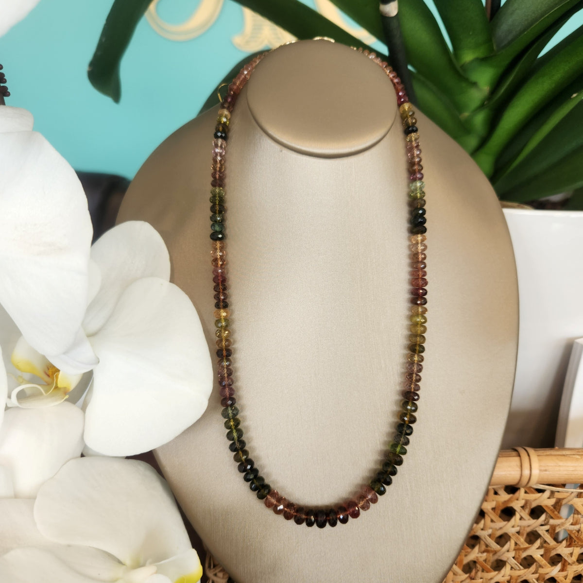 14 Karat Yellow Gold Multi Color Faceted Tourmaline Roundel Bead Necklace With Oval Lobster Clasp, 20"