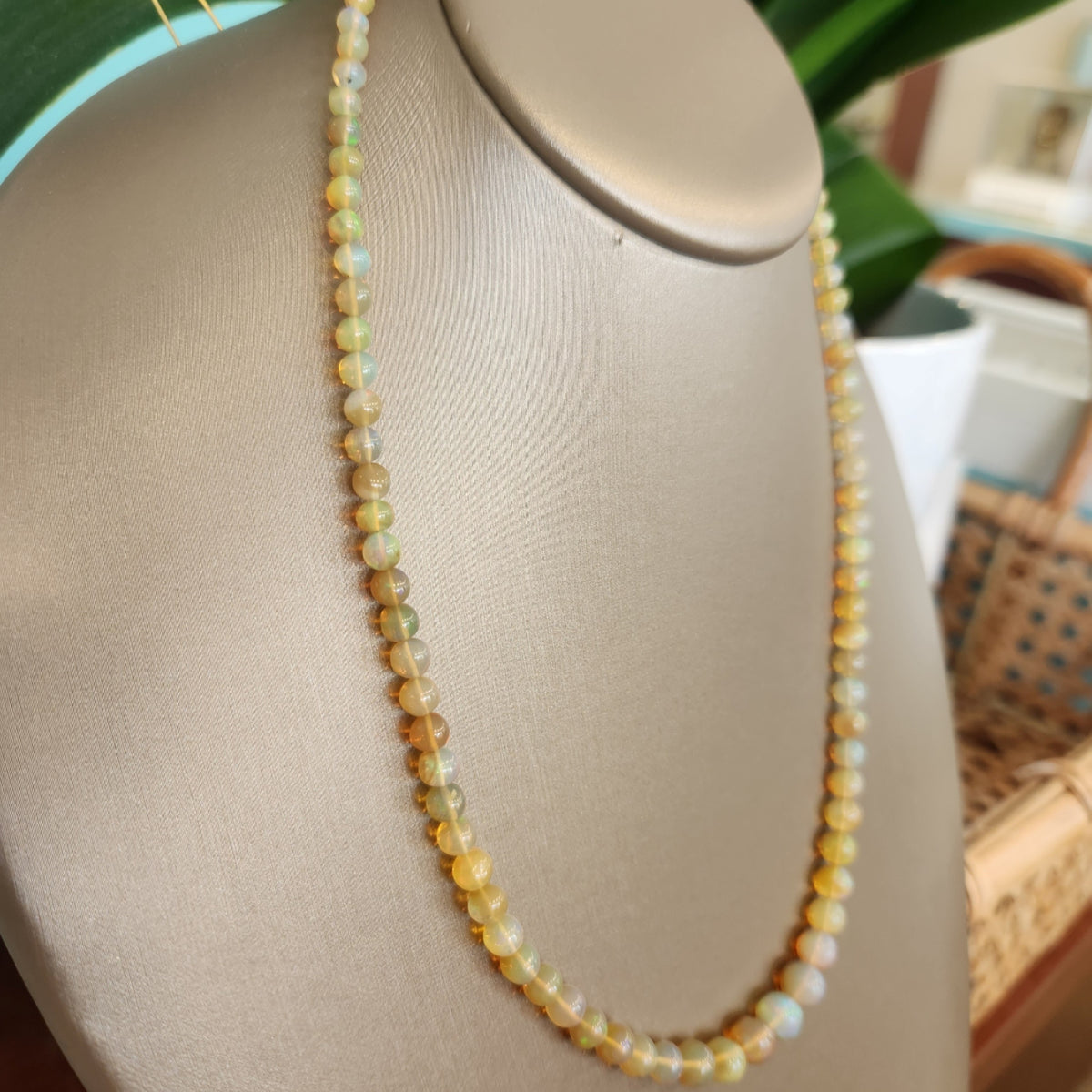 14 Karat Yellow Gold Orange Ethiopian Welo Opal 3.5-6 Mm Round Bead Necklace, 17"