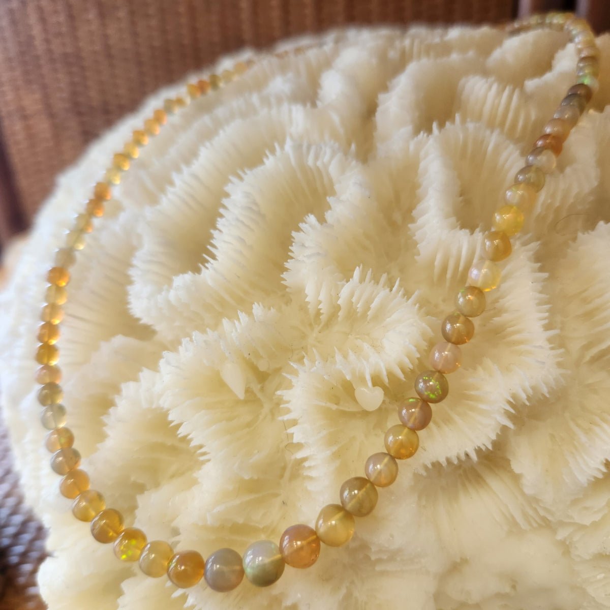 14 Karat Yellow Gold Orange Ethiopian Welo Opal 3.5-6 Mm Round Bead Necklace, 17"