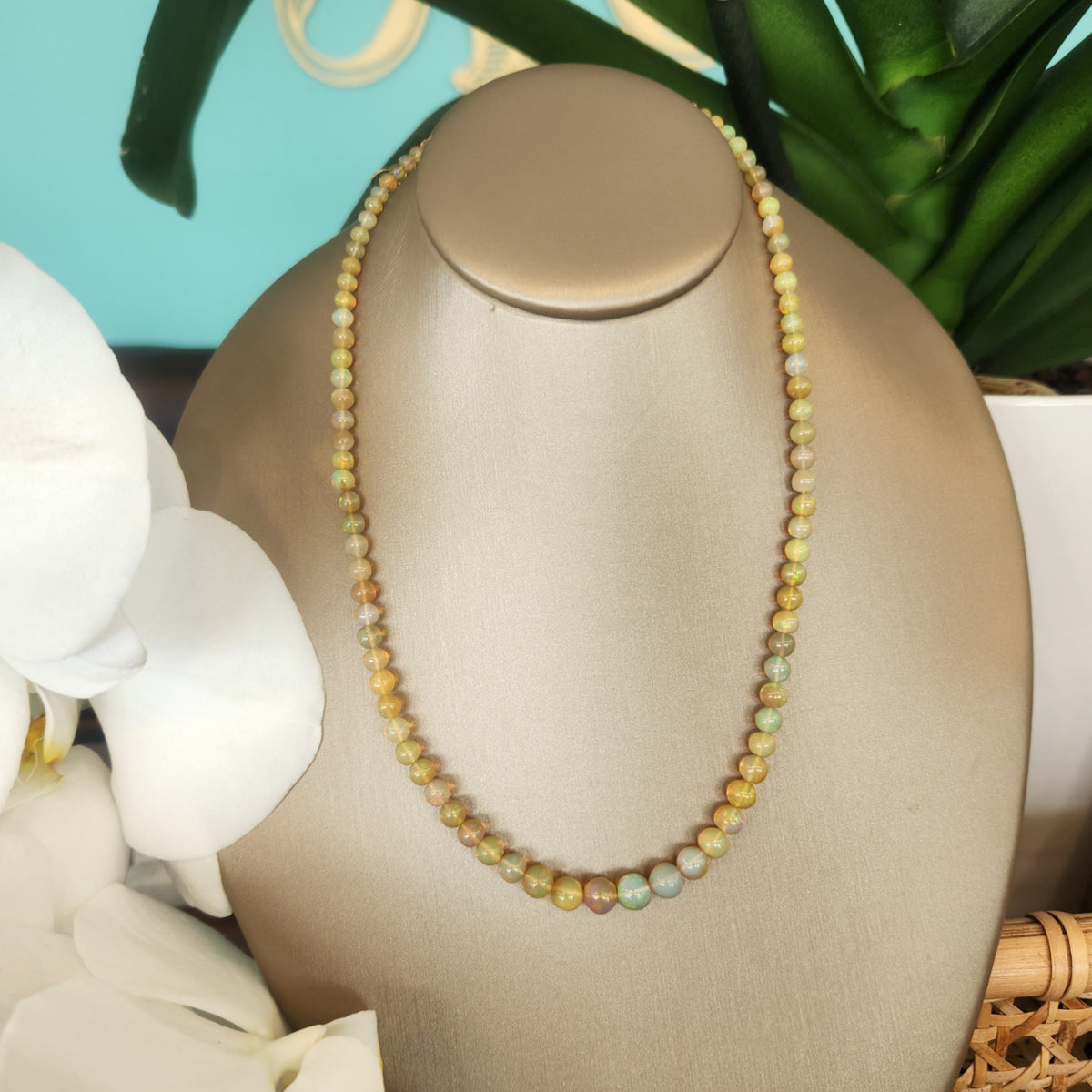 14 Karat Yellow Gold Orange Ethiopian Welo Opal 3.5-6 Mm Round Bead Necklace, 17"