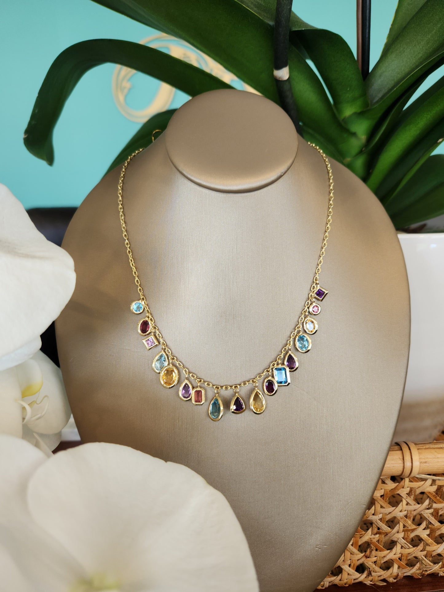 14 Karat Yellow Gold Bezel Set Multi Gem Fringe Necklace,18"