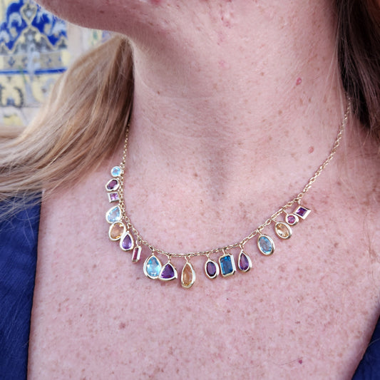 14 Karat Yellow Gold Bezel Set Multi Gem Fringe Necklace,18"
