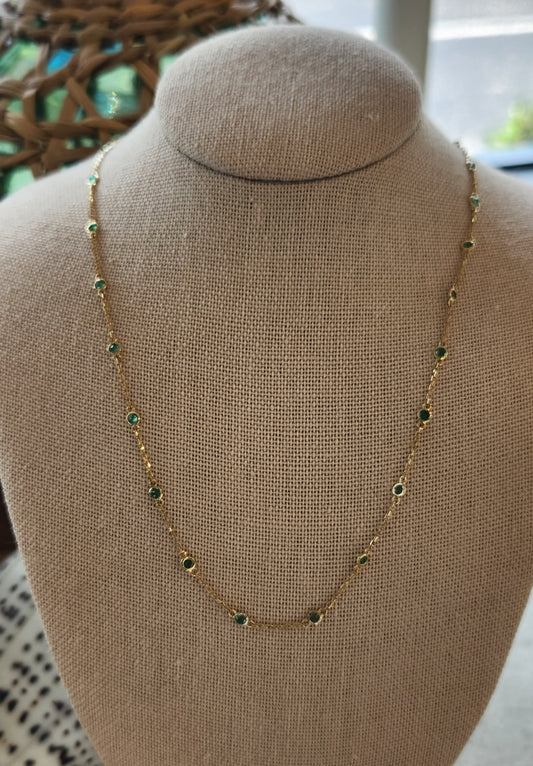 14 Karat Yellow Gold Bezel Set Emerald "By The Yard" Style Necklace, Adjustable 16-18"