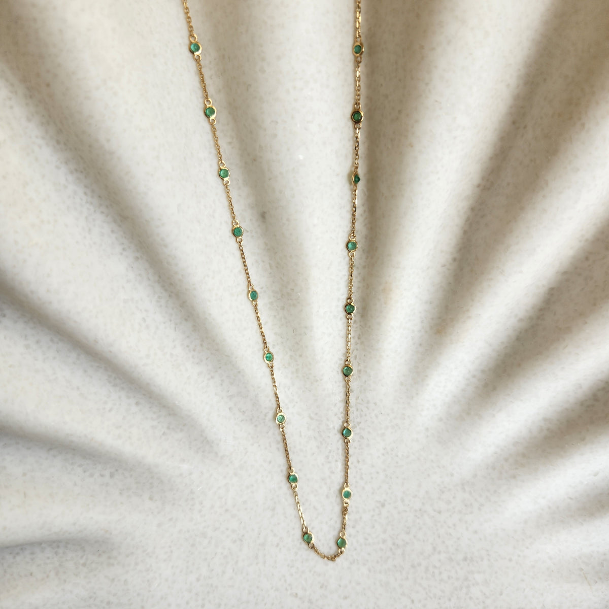 14 Karat Yellow Gold Bezel Set Emerald "By The Yard" Style Necklace, Adjustable 16-18"