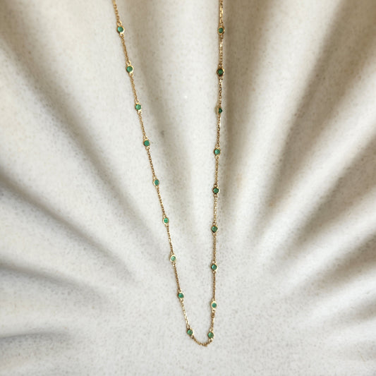 14 Karat Yellow Gold Bezel Set Emerald "By The Yard" Style Necklace, Adjustable 16-18"