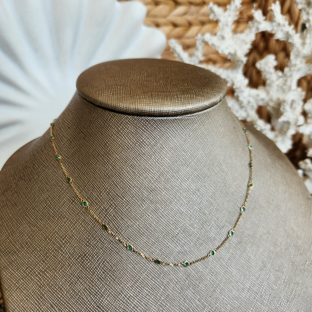 14 Karat Yellow Gold Bezel Set Emerald "By The Yard" Style Necklace, Adjustable 16-18"