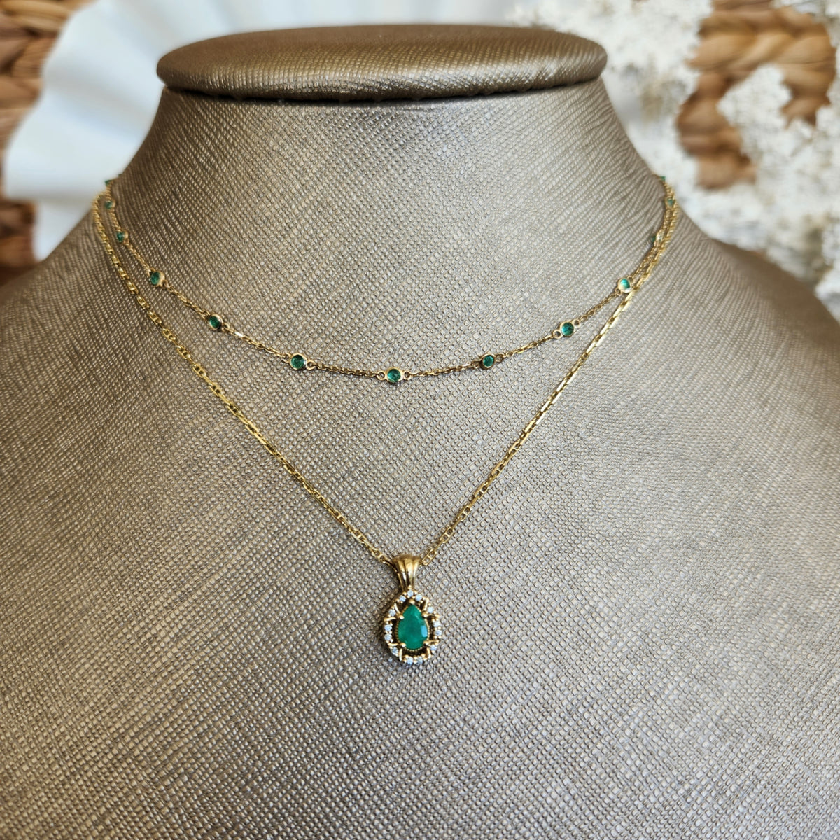 14 Karat Yellow Gold Bezel Set Emerald "By The Yard" Style Necklace, Adjustable 16-18"