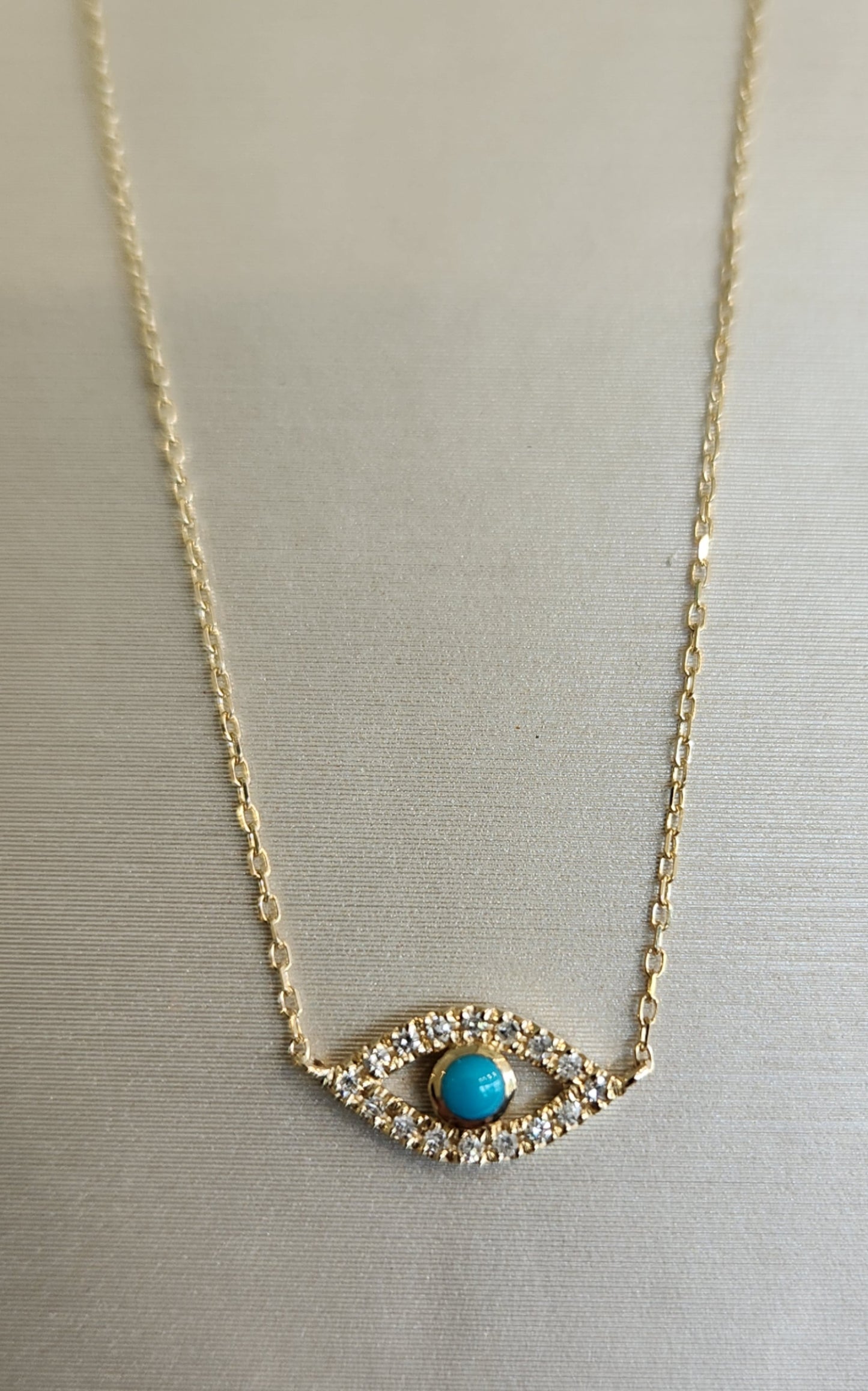 14 Karat Yellow Gold Turquoise & Diamond Evil Eye Necklace, 16" + 2"