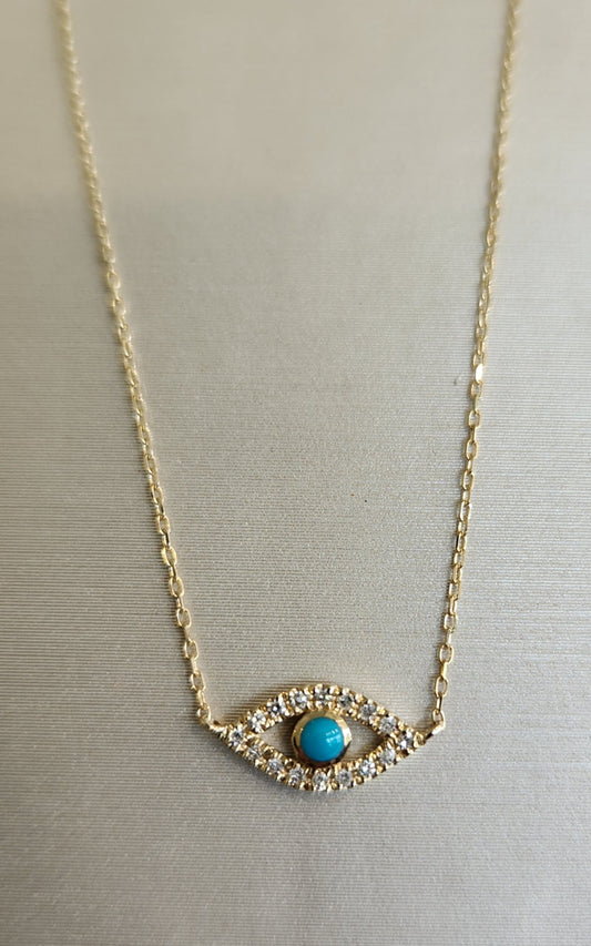 14 Karat Yellow Gold Turquoise & Diamond Evil Eye Necklace, 16" + 2"