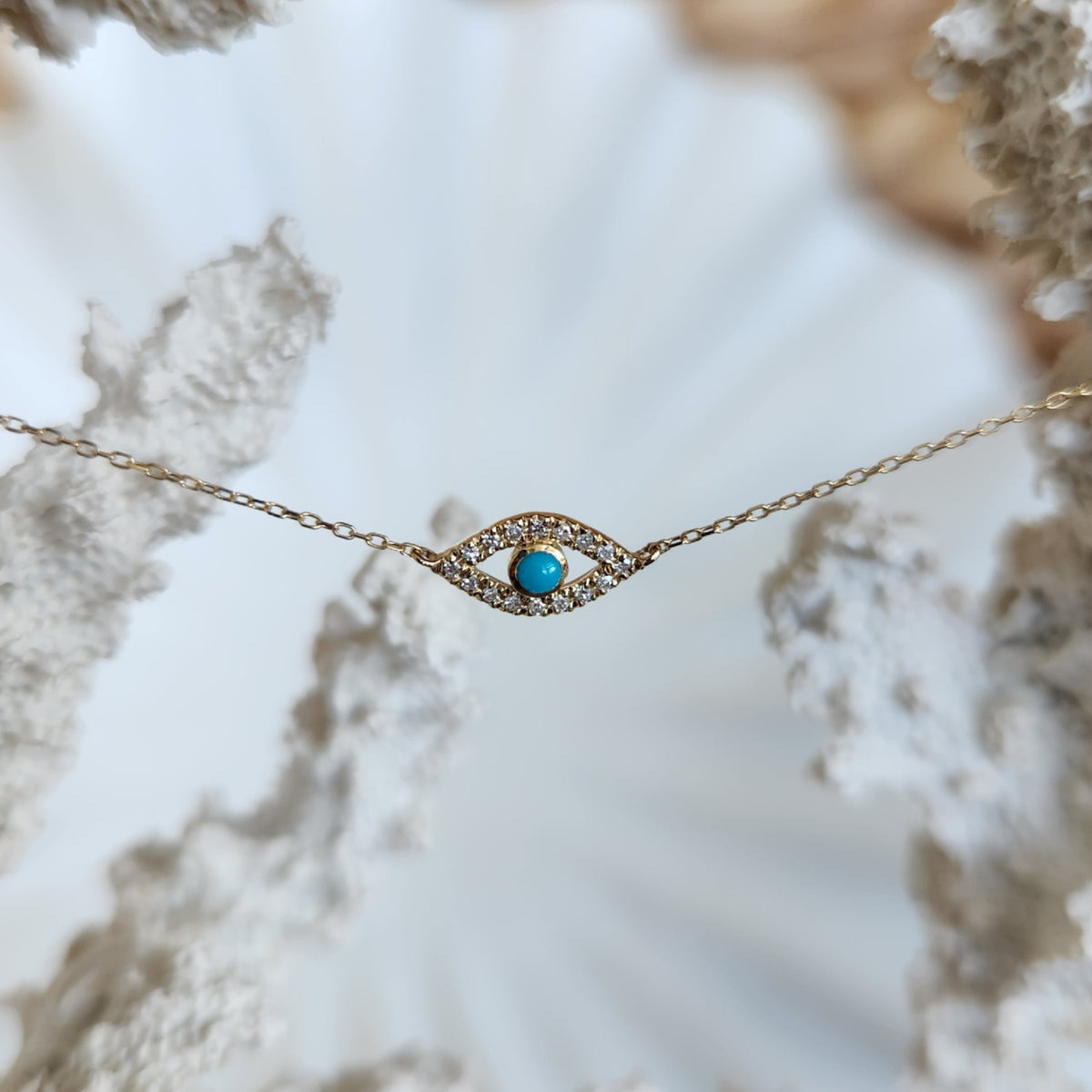 14 Karat Yellow Gold Turquoise & Diamond Evil Eye Necklace, 16" + 2"