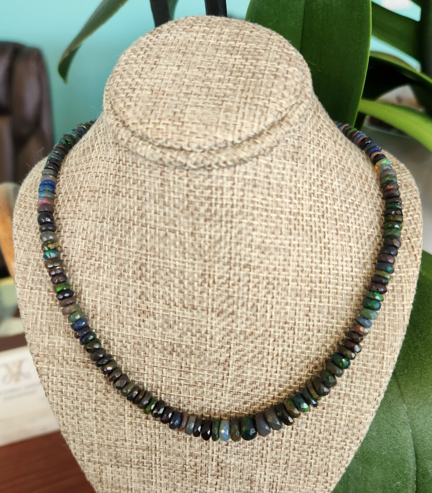 14 Karat Yellow Gold Black Ethiopian Welo Opal  3.5 - 7 Mm Faceted Roundel Bead Necklace, 17.5"