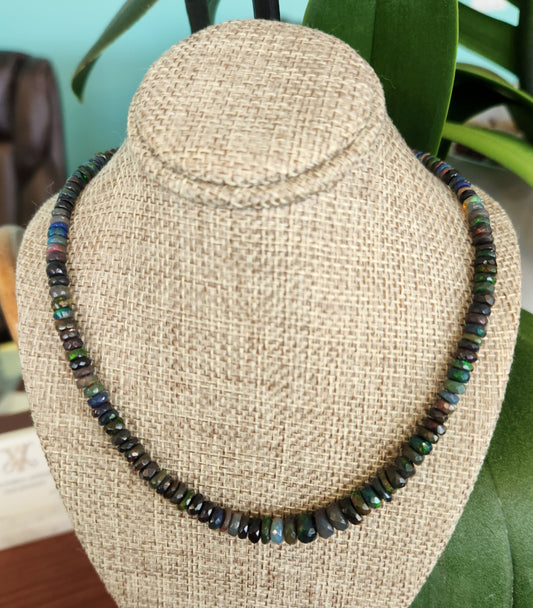 14 Karat Yellow Gold Black Ethiopian Welo Opal  3.5 - 7 Mm Faceted Roundel Bead Necklace, 17.5"