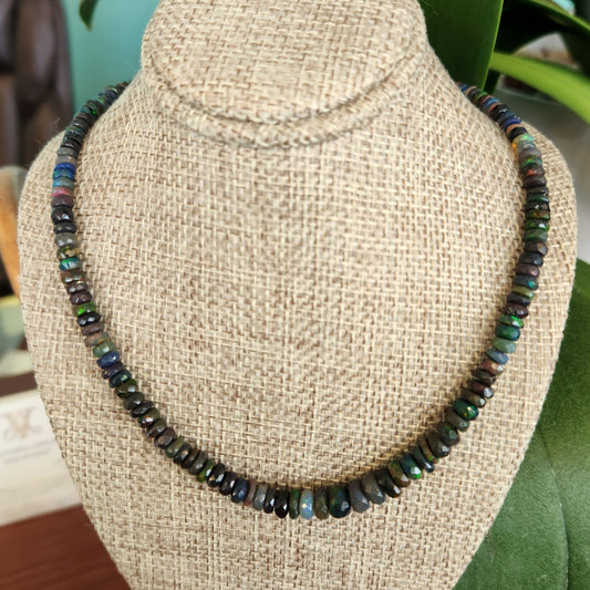 14 Karat Yellow Gold Black Ethiopian Welo Opal  3.5 - 7 Mm Faceted Roundel Bead Necklace, 17.5"