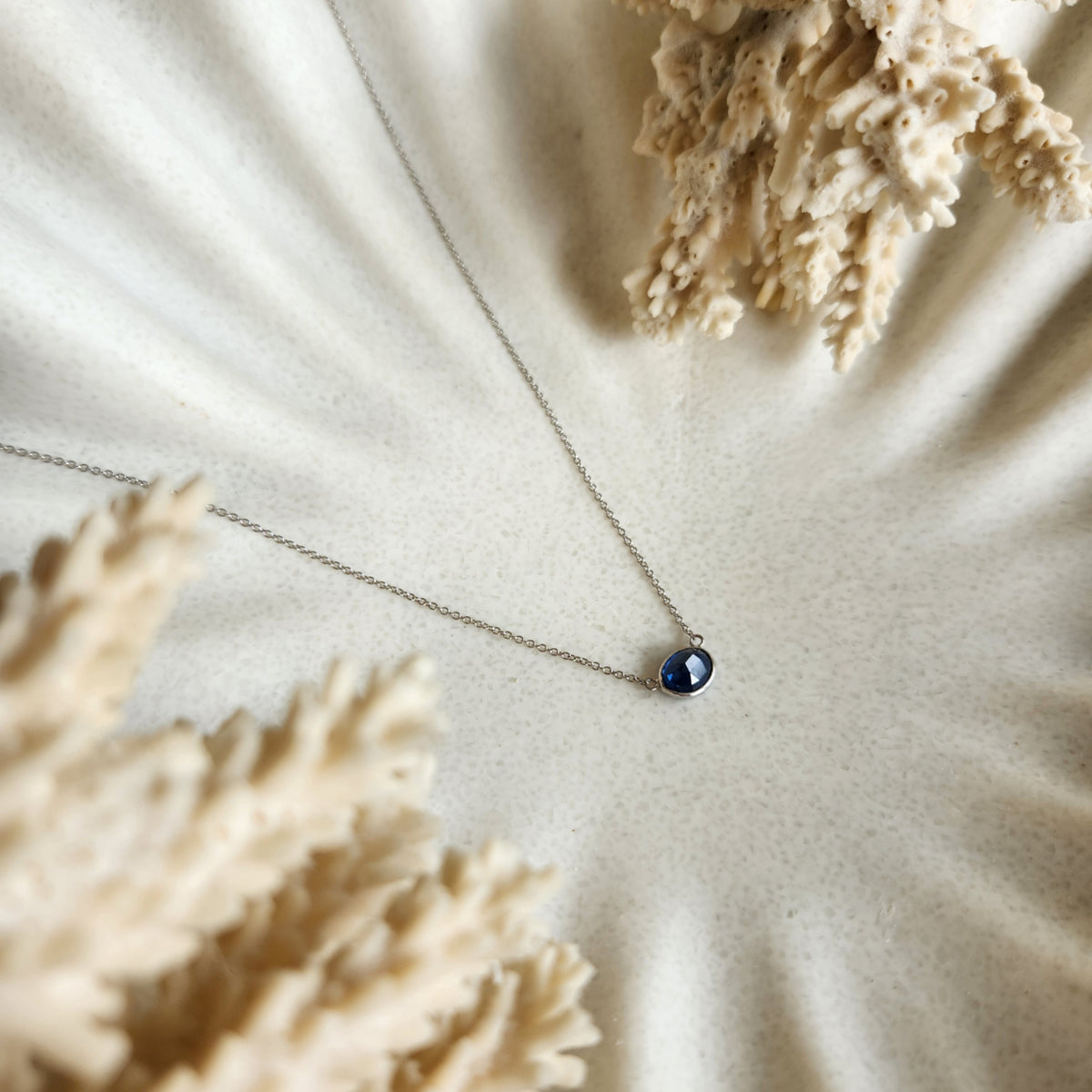 14 Karat White Gold Blue Sapphire Station Necklace, 16-18"