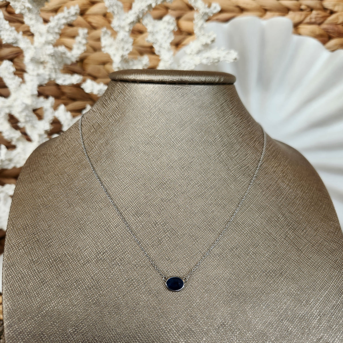 14 Karat White Gold Blue Sapphire Station Necklace, 16-18"