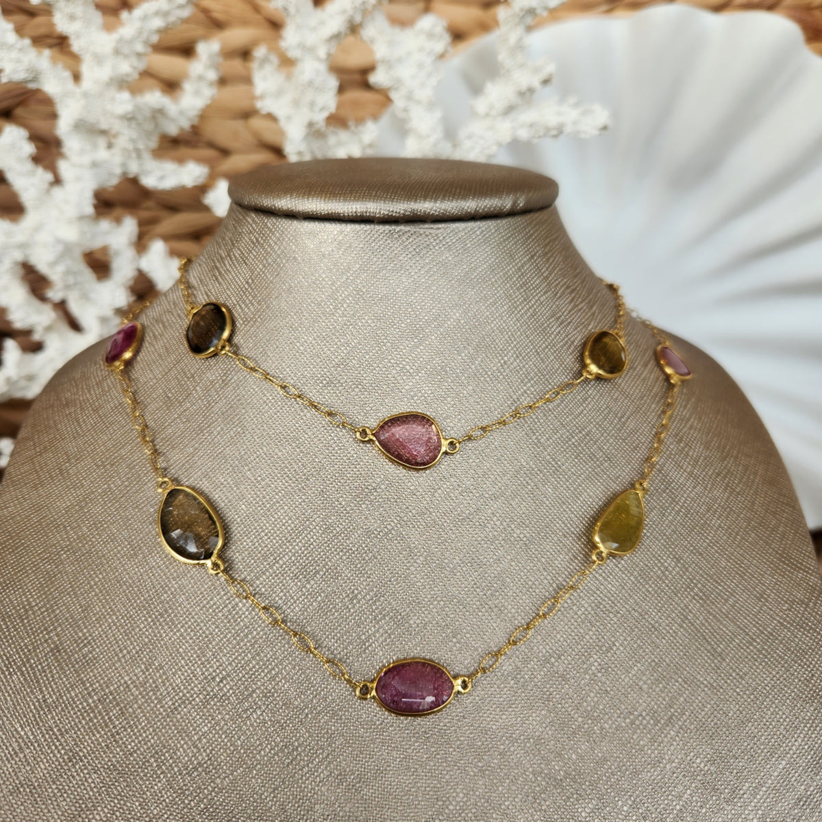 18 Karat Yellow Gold Multi-Color Tourmaline Necklace, 38"