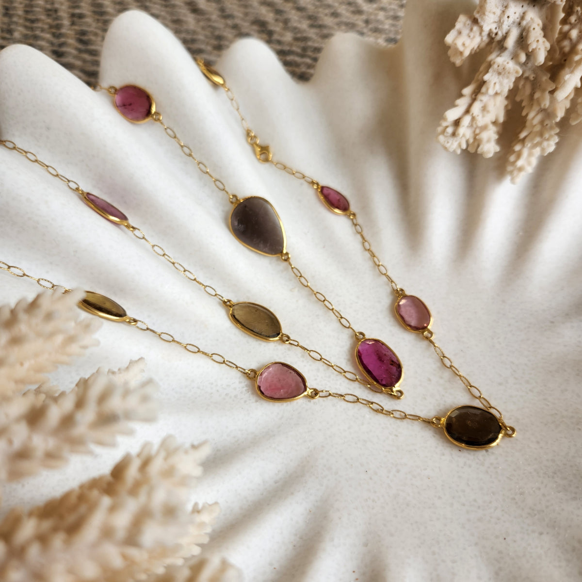 18 Karat Yellow Gold Multi-Color Tourmaline Necklace, 38"