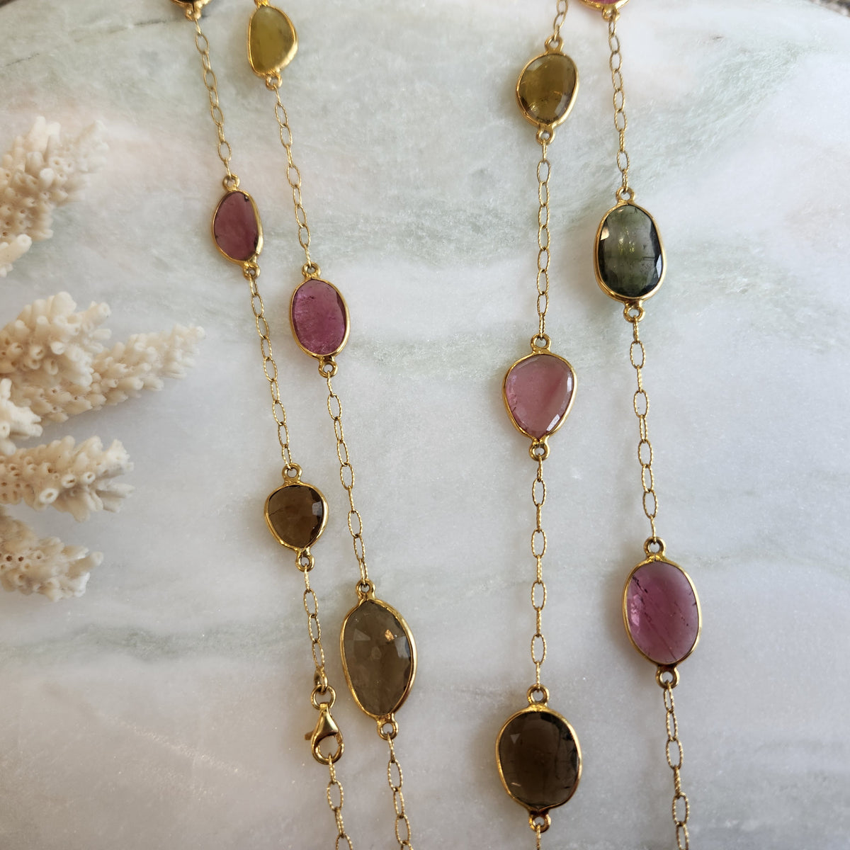 18 Karat Yellow Gold Multi-Color Tourmaline Necklace, 38"