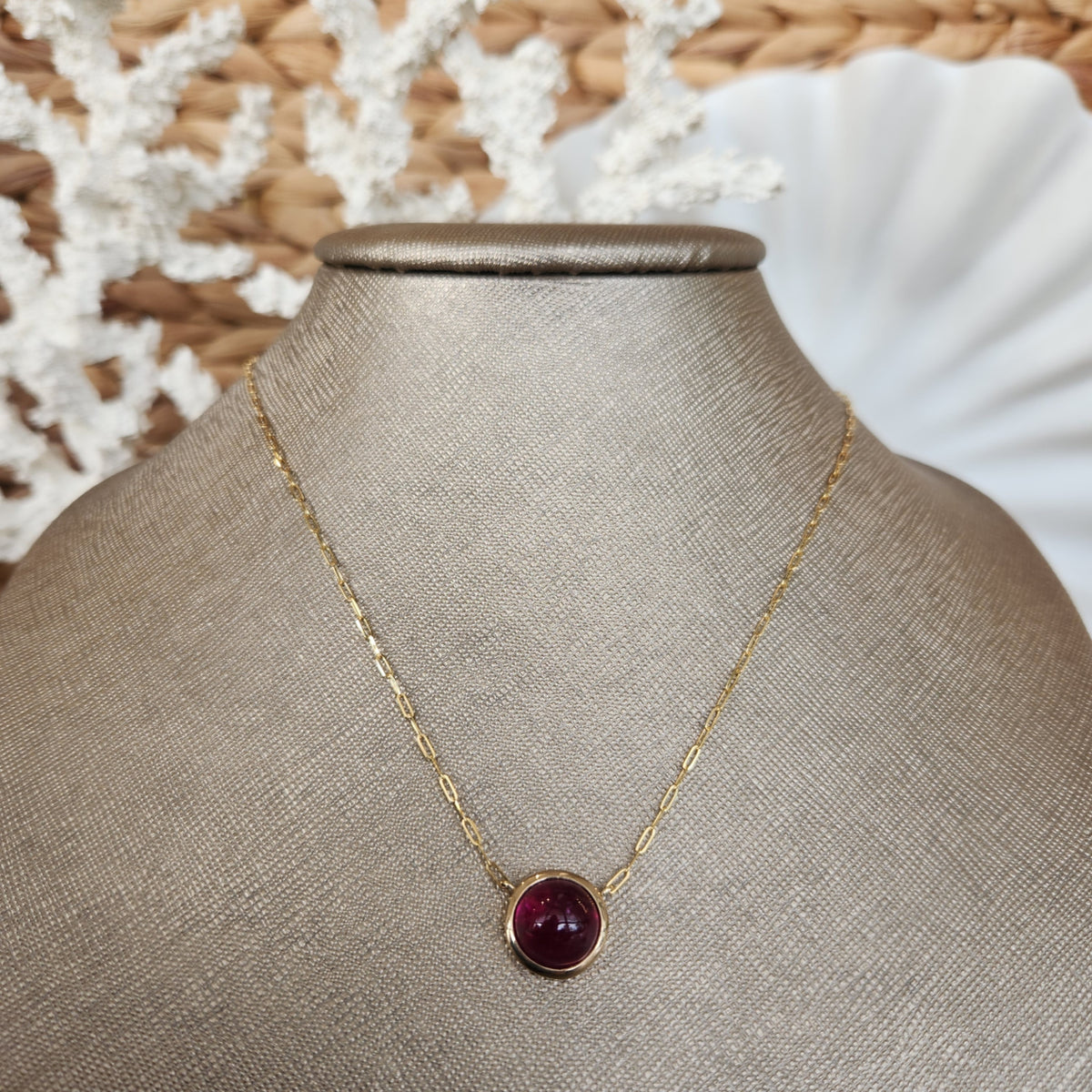 14 Karat Yellow Gold Rubilite Tourmaline Paperclip Necklace, 18"