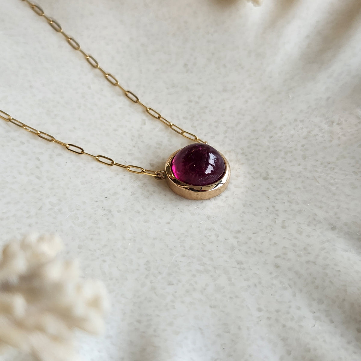 14 Karat Yellow Gold Rubilite Tourmaline Paperclip Necklace, 18"
