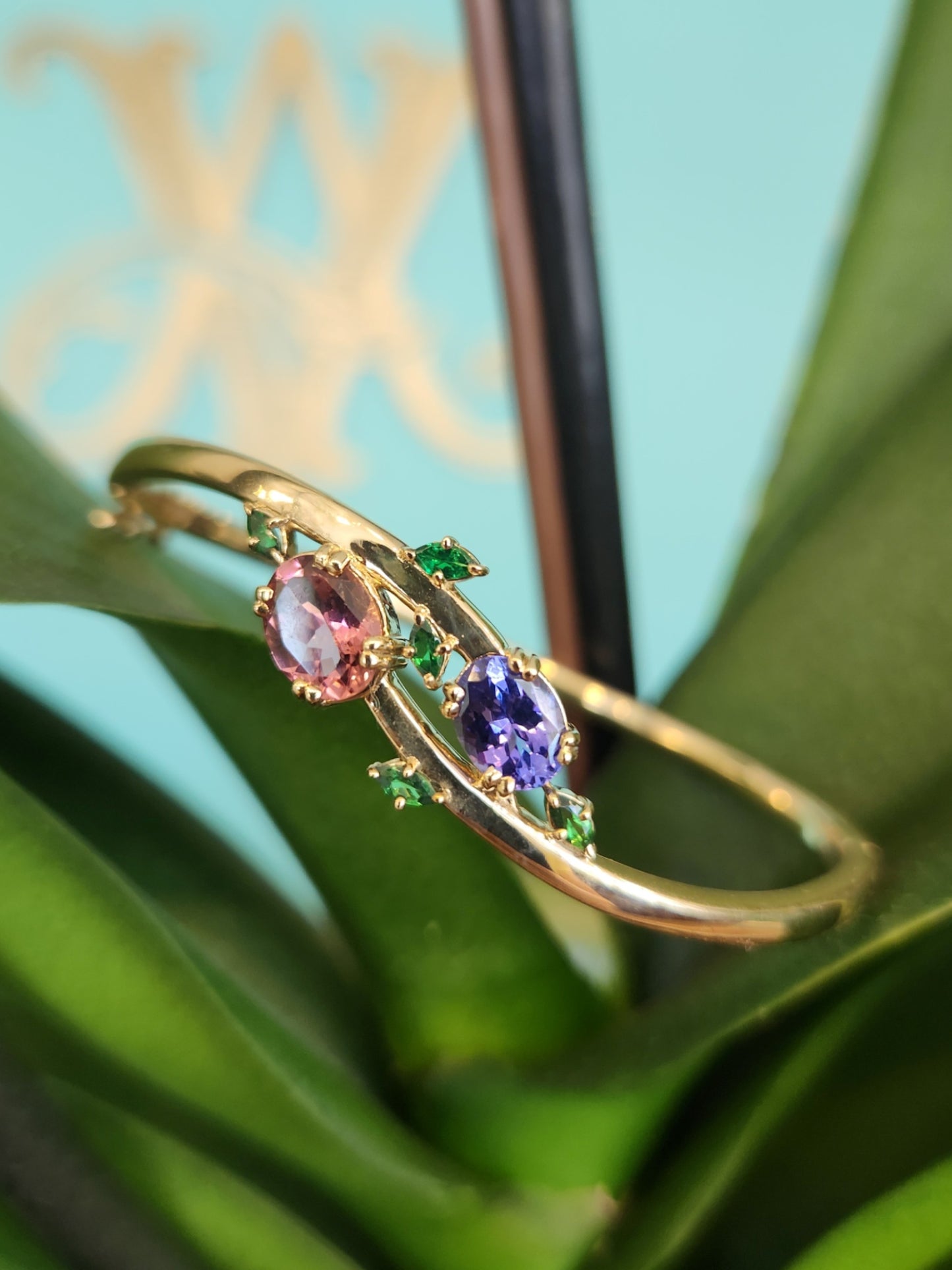 14 Karat Yellow Gold "Flora" Hinged Bangle Bracelet With Pink Tourmaline, Tanzanite And Tsavorites, 7"