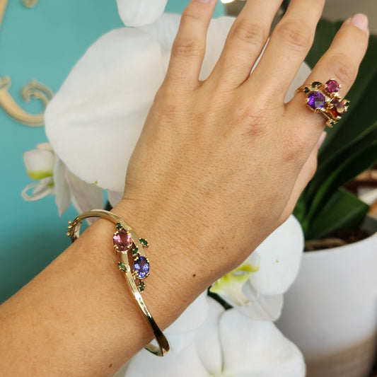 14 Karat Yellow Gold "Flora" Hinged Bangle Bracelet With Pink Tourmaline, Tanzanite And Tsavorites, 7"