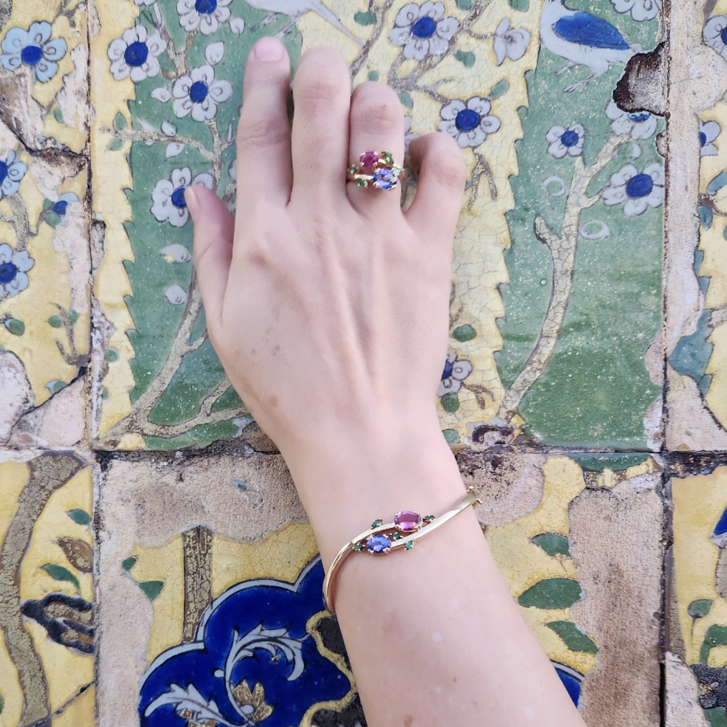 14 Karat Yellow Gold "Flora" Hinged Bangle Bracelet With Pink Tourmaline, Tanzanite And Tsavorites, 7"