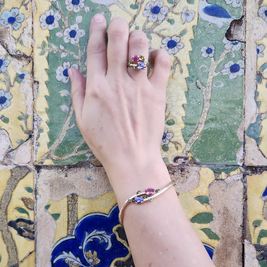 14 Karat Yellow Gold "Flora" Hinged Bangle Bracelet With Pink Tourmaline, Tanzanite And Tsavorites, 7"