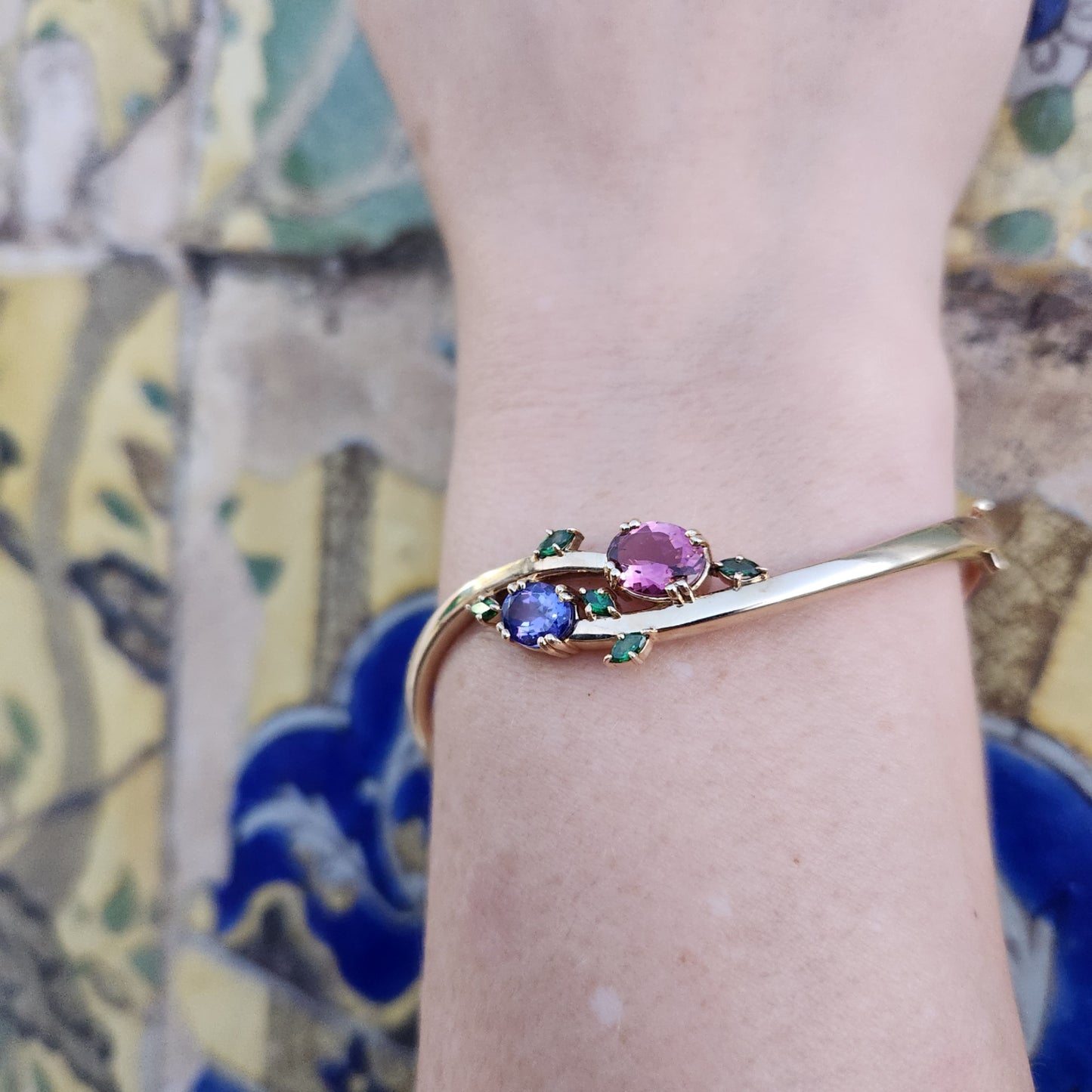 14 Karat Yellow Gold "Flora" Hinged Bangle Bracelet With Pink Tourmaline, Tanzanite And Tsavorites, 7"