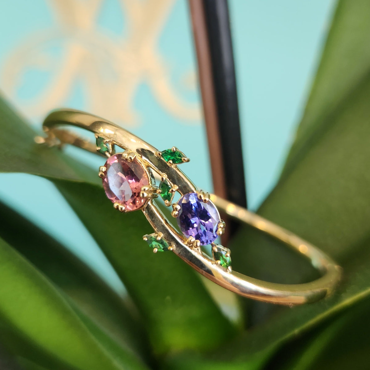 14 Karat Yellow Gold "Flora" Hinged Bangle Bracelet With Pink Tourmaline, Tanzanite And Tsavorites, 7"