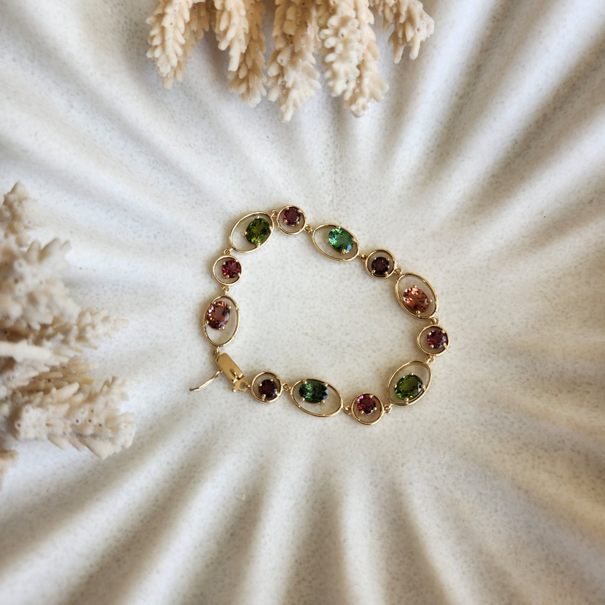 14 Karat Yellow Gold Multi Color Tourmalline "Bubble" Bracelet, 7.5"