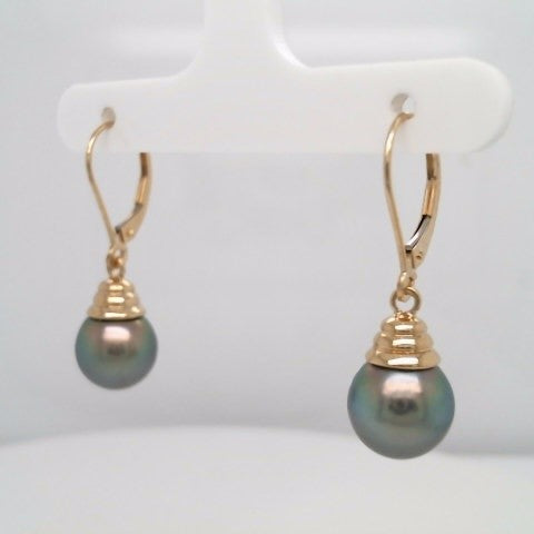 14 Karat Yellow Gold 9.5 Mm Grey Tahitian Pearl Earrings With Ribbed Pearl Cap On Leverbacks