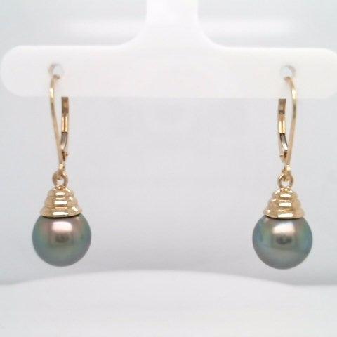 14 Karat Yellow Gold 9.5 Mm Grey Tahitian Pearl Earrings With Ribbed Pearl Cap On Leverbacks