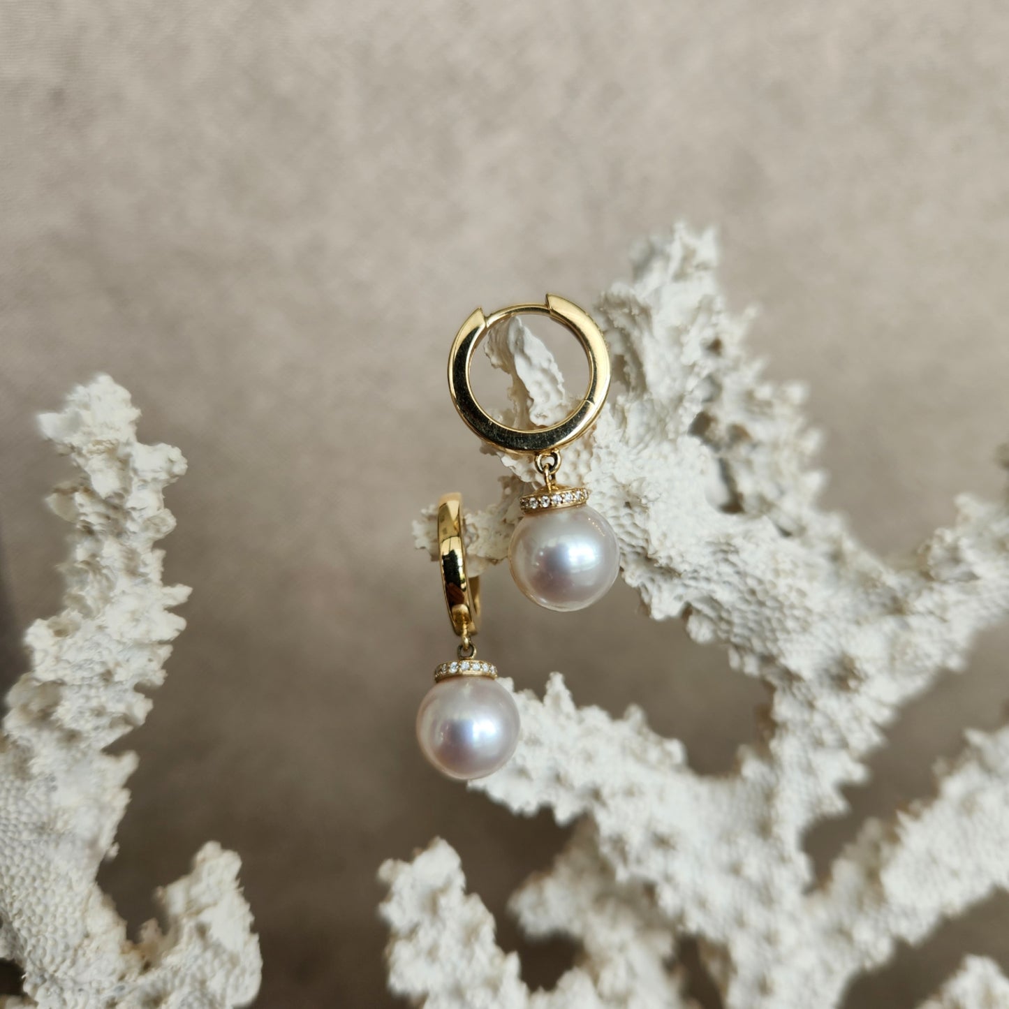 14 Karat Yellow Gold 9-9.5 Mm Akoya Pearl Dangle Earrings With Hidden Diamond Halo