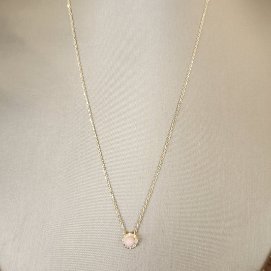 14 Karat Yellow Gold 4.5 Mm Light Pink Conch Pearl & Diamond Halo Necklace, 18"