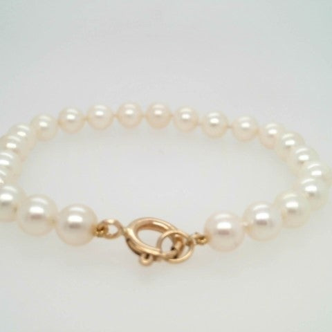14 Karat Yellow Gold 6.5 Mm Near Round Cream Cultured Akoya Pearl Bracelet, 7"