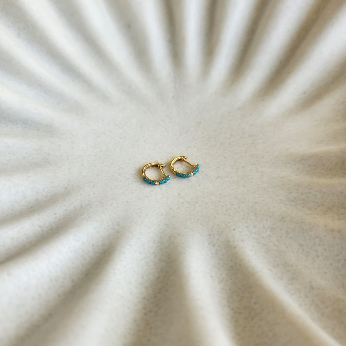 14 Karat Yellow Gold  Mini Huggy Style Diamond & Turquoise Hoop Earrings