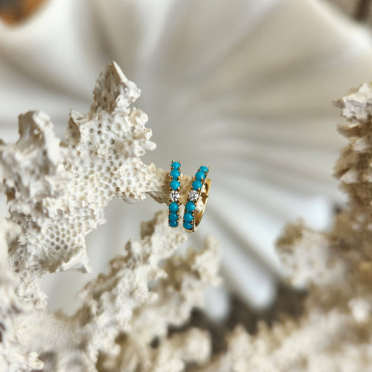 14 Karat Yellow Gold  Mini Huggy Style Diamond & Turquoise Hoop Earrings