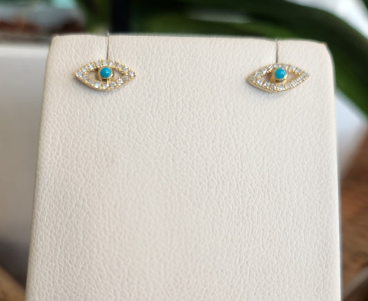 14K Yellow Gold Turquoise Earrings With Flat Screw Back