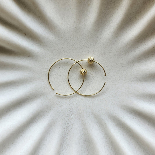14 Karat Yellow Gold Wire Hoops Diamond-Cut Bead Earrings